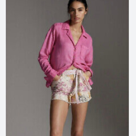 Anthropologie Tops - Anthropologie Maeve Linen Ruched Sleeve Button Down Shirt Pink XXS